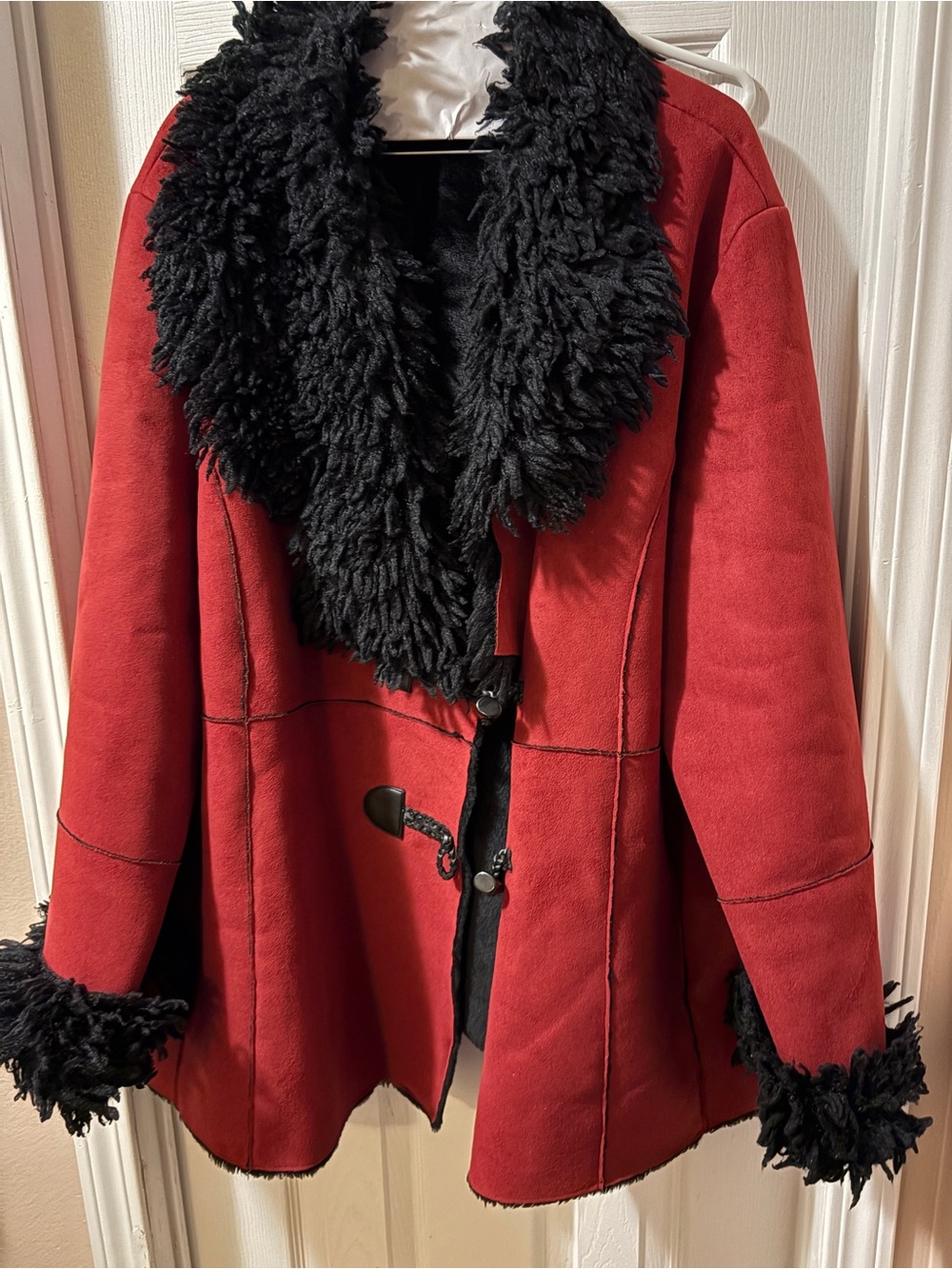 Women’s Red Faux-Suede Penny Lane Style Coat with Black Faux-Fur Trim